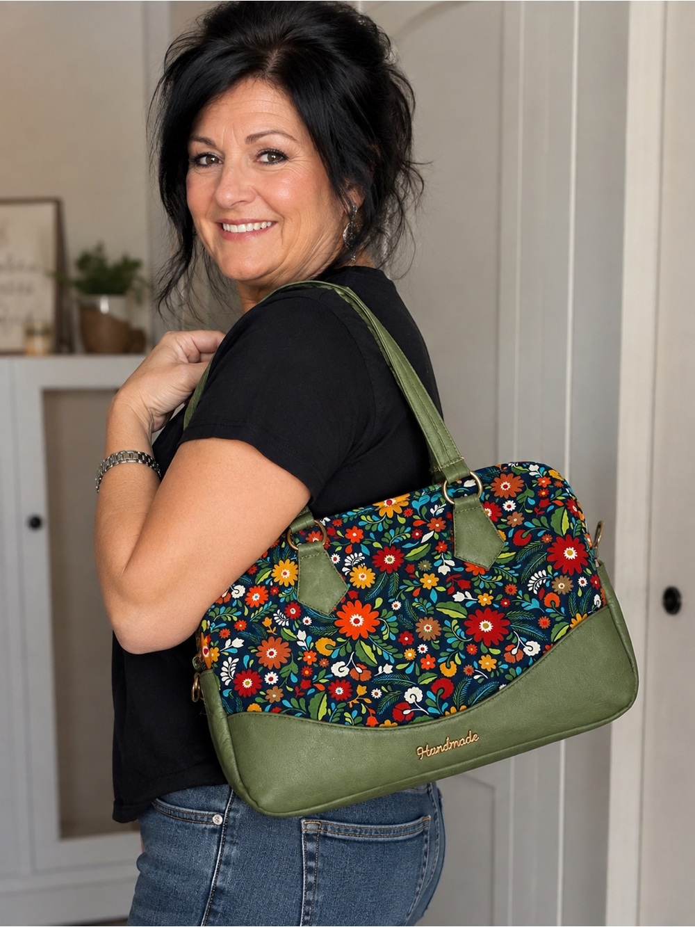 Handmade Floral Shoulder Bag – Olive Green & Navy Multicolor Boho Purse - Picture 3 of 14